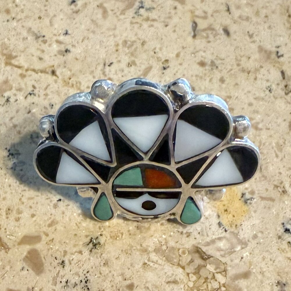 Sterling Silver Multicolor Inlay Zuni Sunface Style Ring Size 6 - Picture 3 of 7